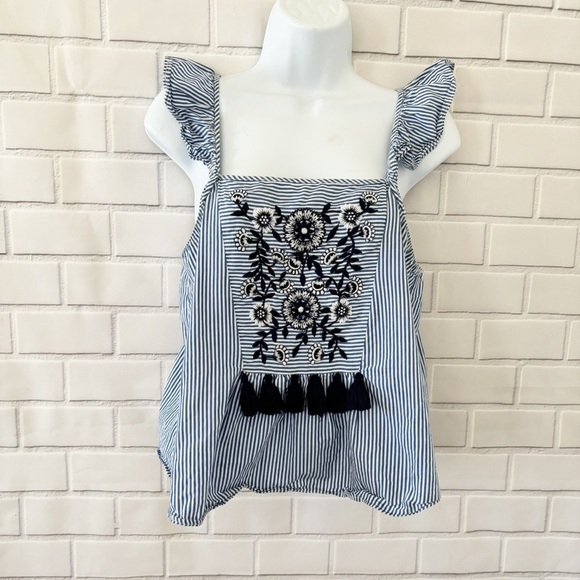 ZARA Blue White Stripe Embroidered Tassel Square Neck Ruffle Strap Tank Top M - Picture 2 of 9